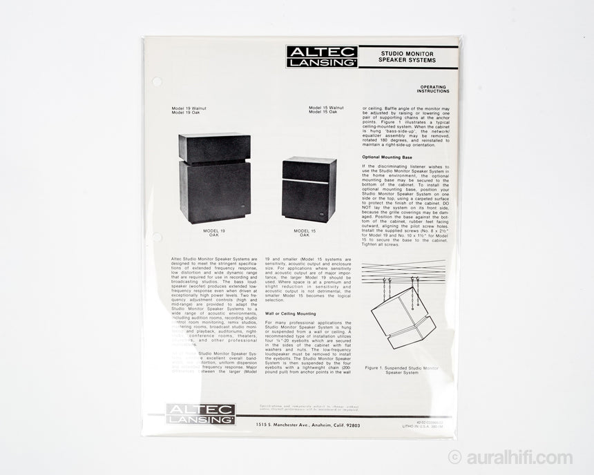 Vintage Altec Lansing Owner's Manual // Model Nineteen / Very Good Plus