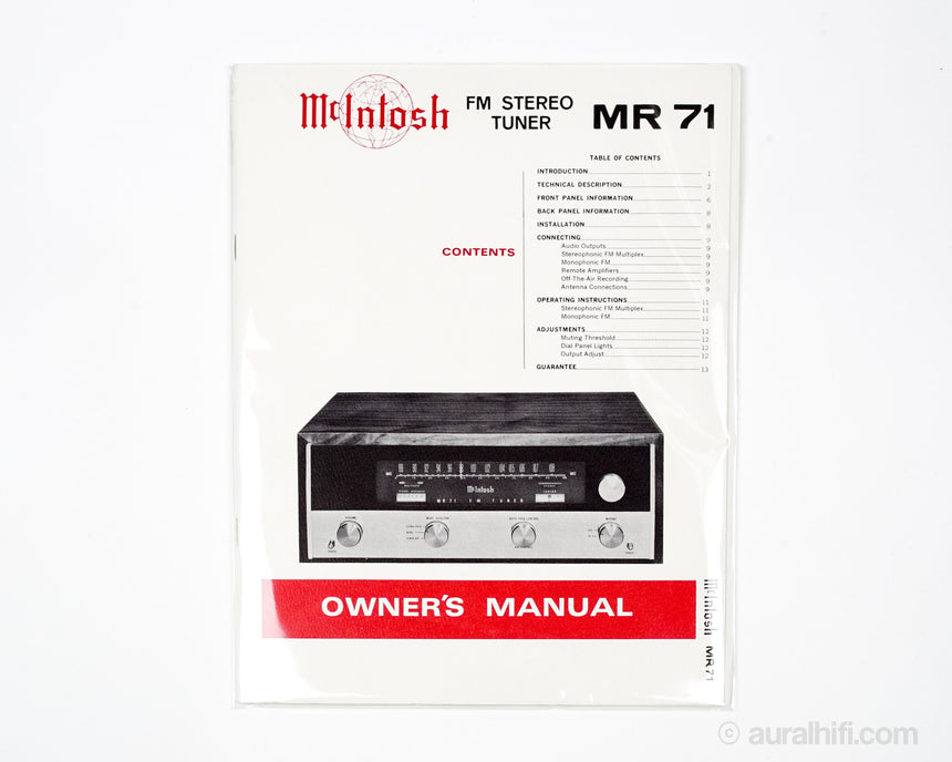 Vintage McIntosh Owner's Manual // MR 71 / Very Good