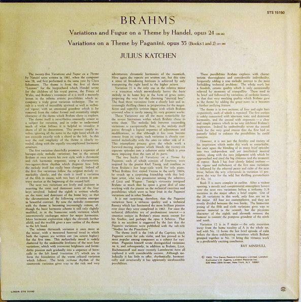 Johannes Brahms - Variations And Fugue On A Theme By Handel / Variations On A Theme By Paganini (Books 1 And 2) // Vinyl Record