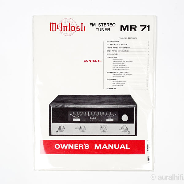 Vintage Mcintosh Owner's Manual // MR 71 / Very Good For Sale