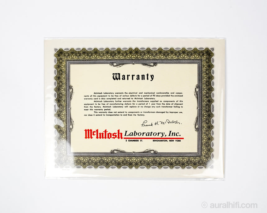 Vintage McIntosh Certificate // Warranty / Very Good Plus